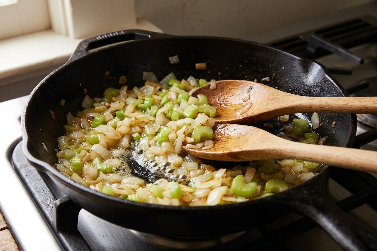 Onions and celery sautéing in melted butter in a skillet on a stovetop, beginning to soften and turn glossy