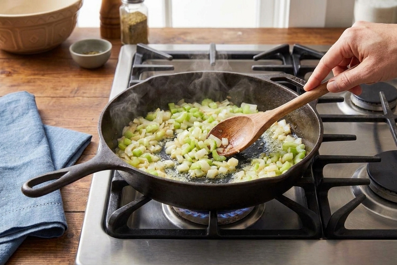 Onions and celery sautéing in melted butter in a skillet on a stove