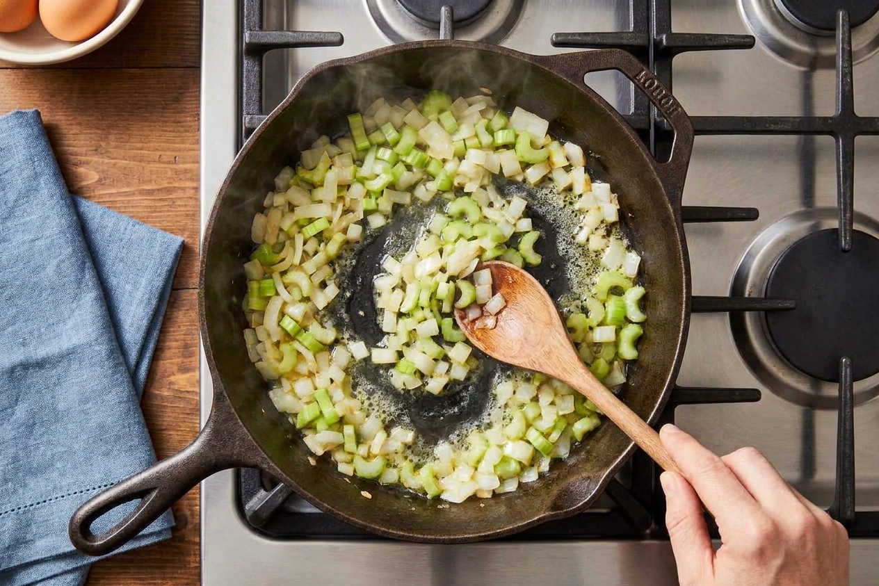Onions and celery softening in butter in a skillet on the stove, stirred with a wooden spoon