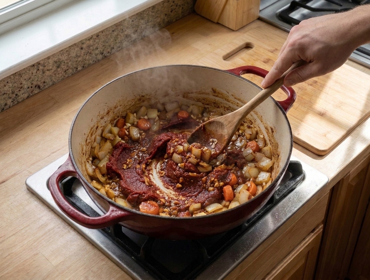 Onions and garlic being stirred with tomato paste in a Dutch oven, creating a deep red-brown base