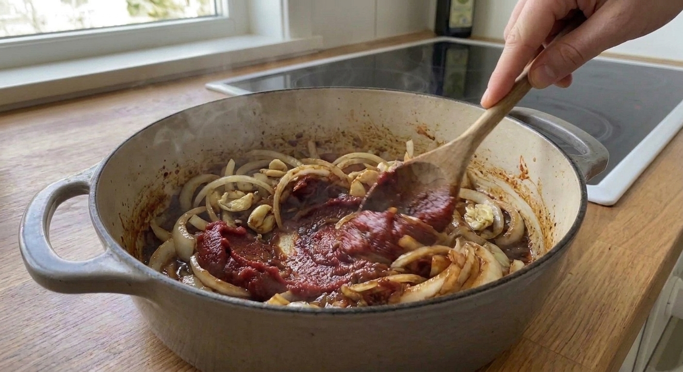 Onions and garlic in a Dutch oven with tomato paste being stirred in, creating a deep reddish-brown base