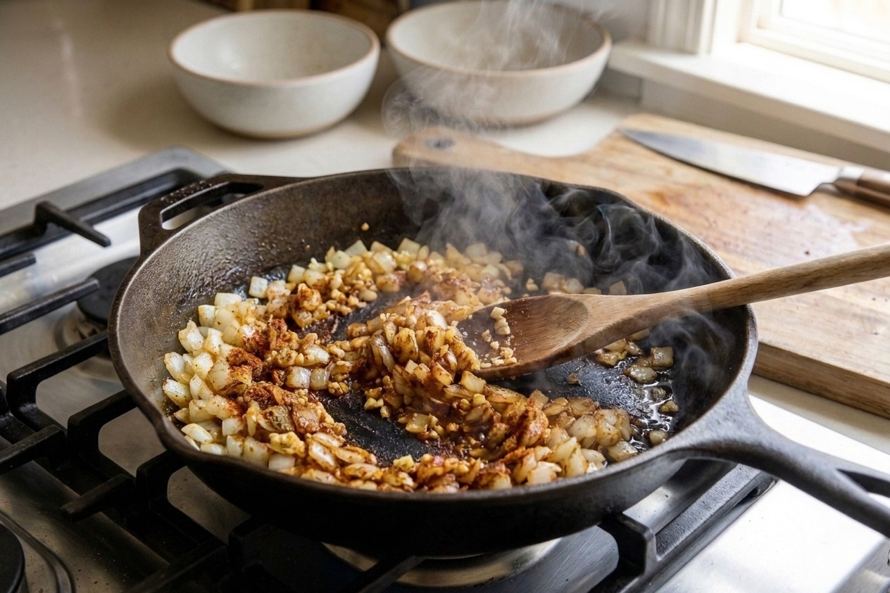 Onions and garlic in a skillet with spices stirred in, releasing steam as they toast