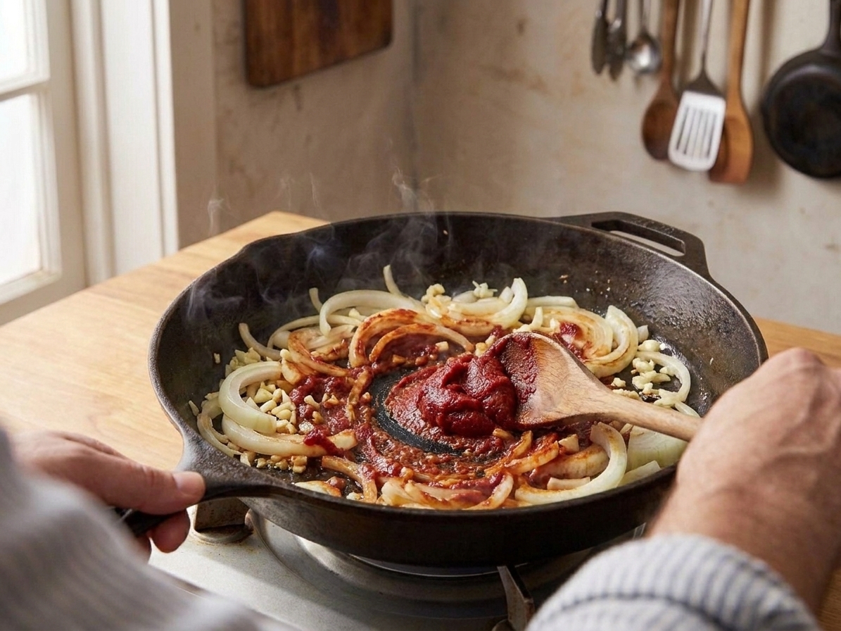 Onions and garlic in a skillet with tomato paste being stirred in, creating a reddish-brown coating