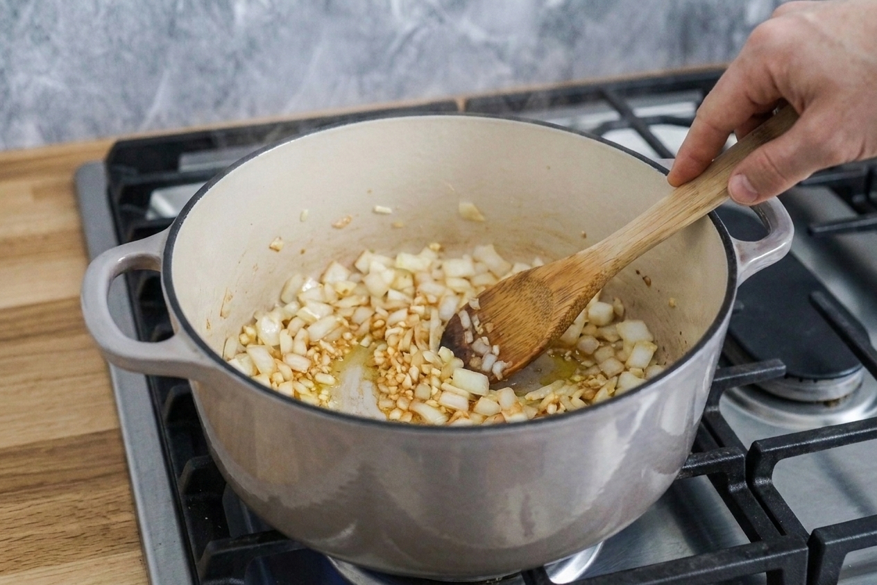 Onions and garlic sautéing in a large Dutch oven on a stovetop with a wooden spoon stirring