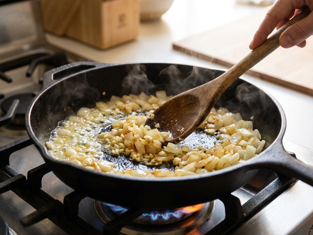 Onions and garlic sautéing in butter in a skillet on a home stove, with a wooden spoon stirring