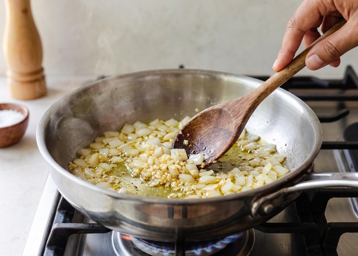 Onions and garlic sizzling in a saucepan on a stovetop with a wooden spoon stirring