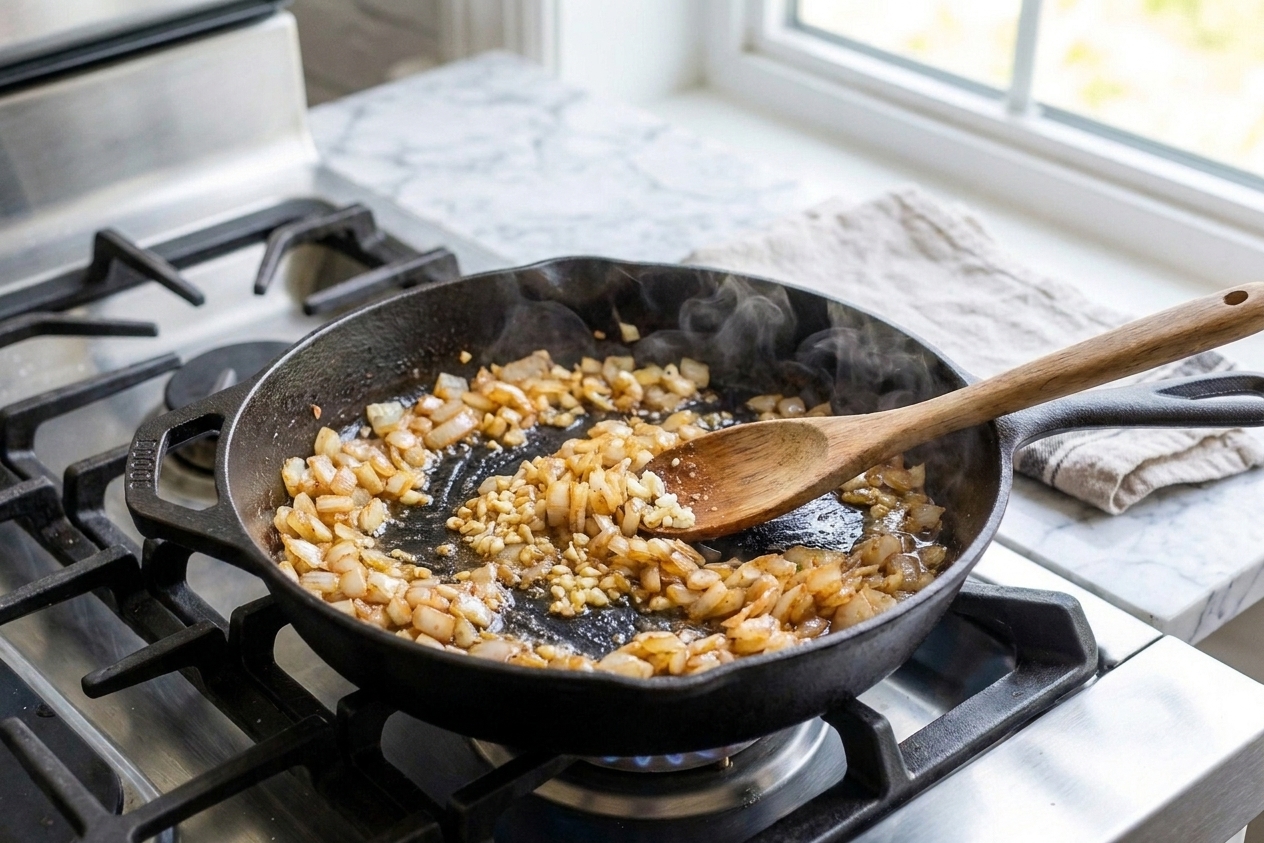 Onions and garlic sizzling in a skillet on a stovetop as a wooden spoon stirs, warm kitchen lighting