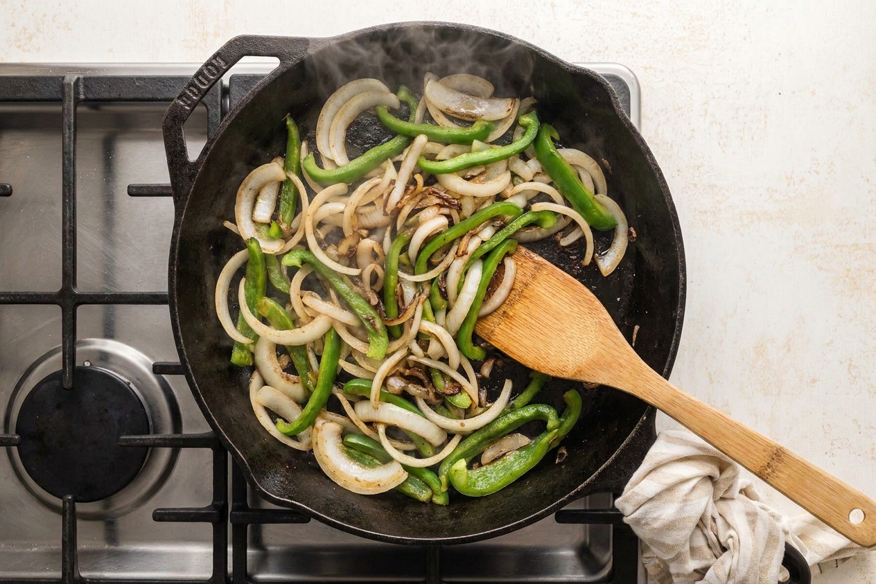 Onions and green bell peppers sizzling and lightly browned in a large skillet on a home stove