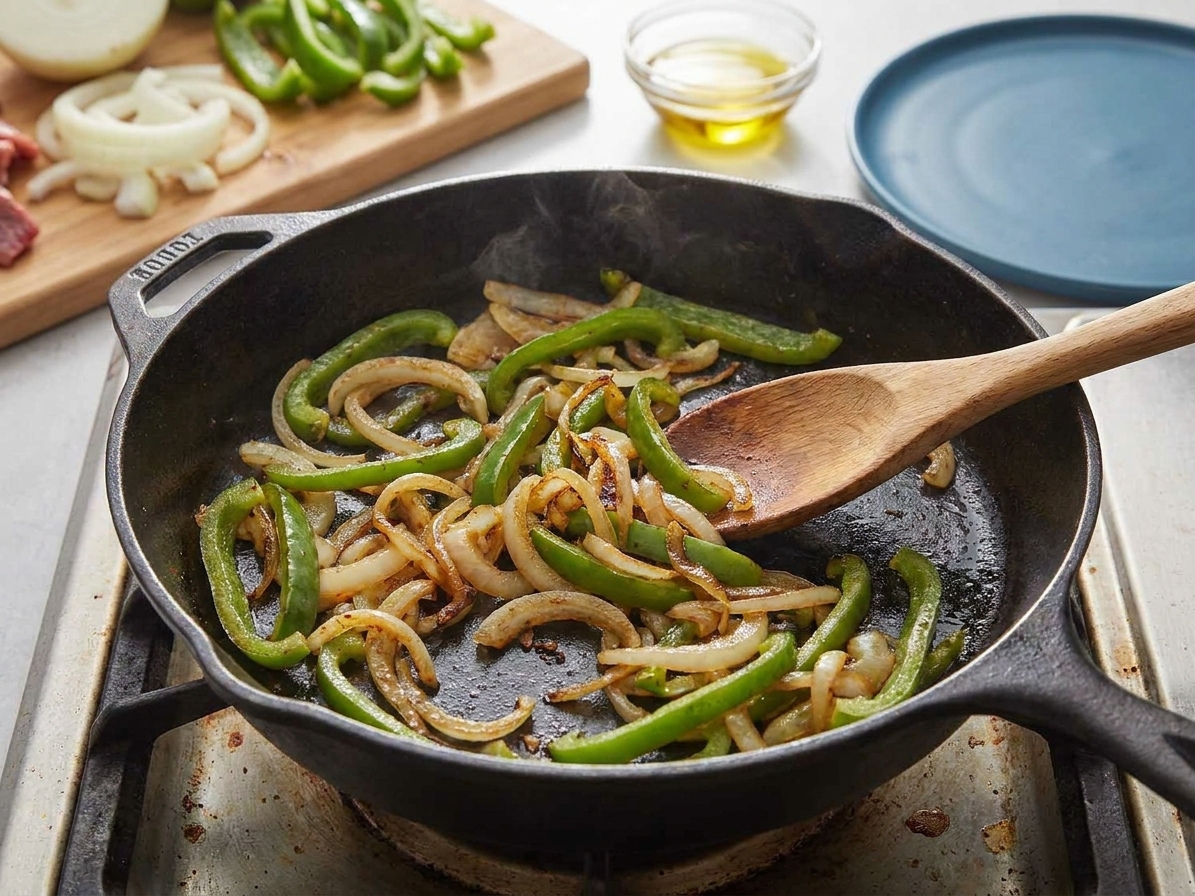 Onions and green peppers sautéing in a cast iron skillet on a stovetop, turning golden with lightly browned edges