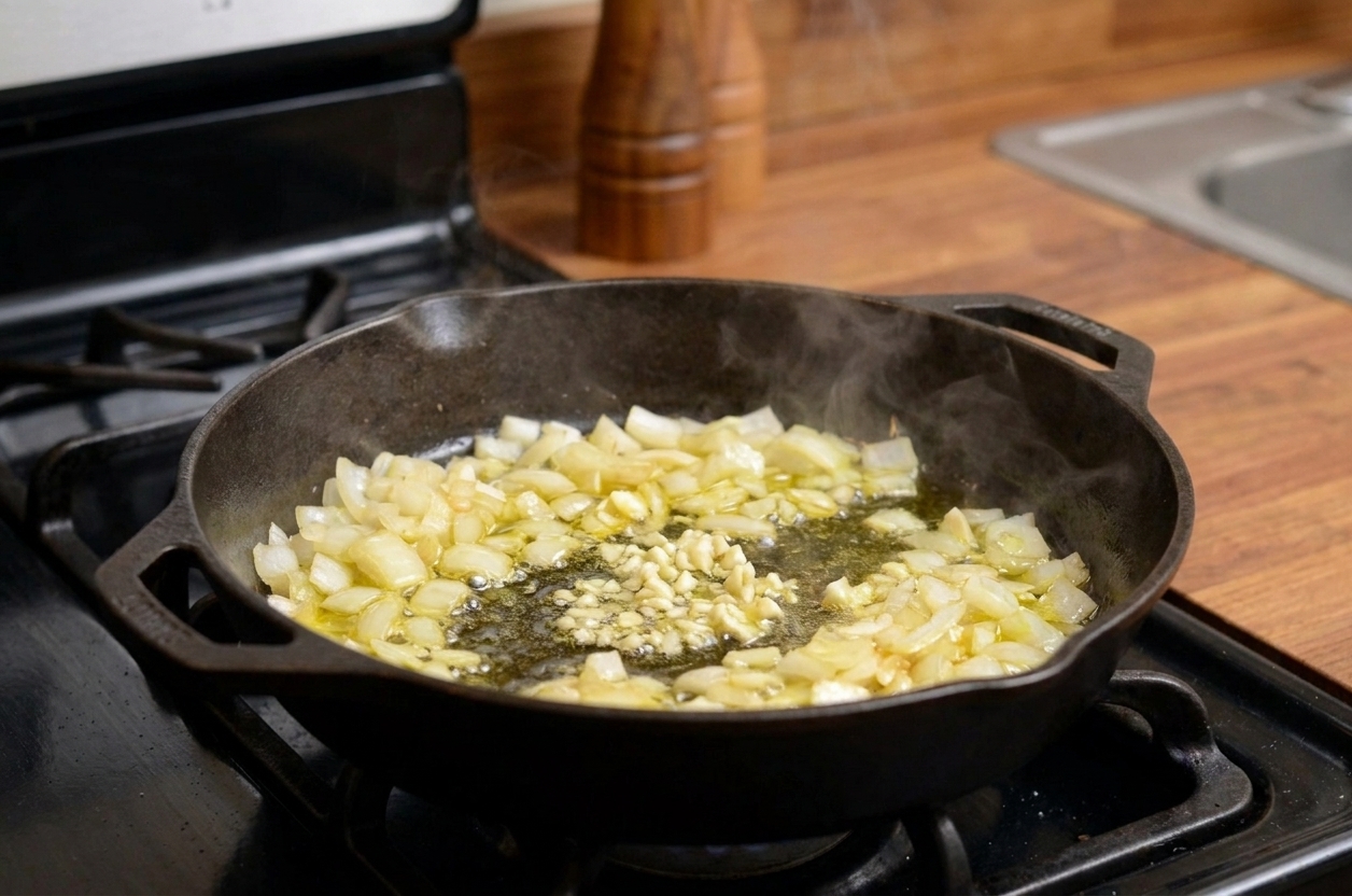 Onions and minced garlic sizzling in olive oil in a skillet on a stovetop