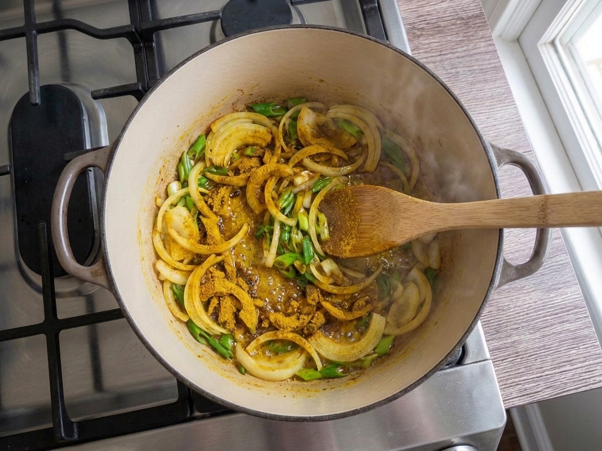 Onions and scallions in a pot with curry powder being stirred into hot oil until fragrant