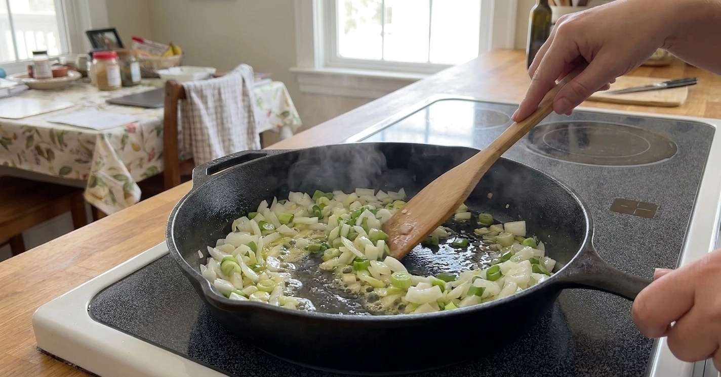 Onions and sliced scallions sautéing in olive oil in a skillet on a stovetop
