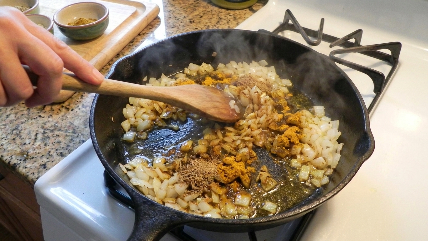 Onions and spices being stirred together in a hot skillet as the spices toast in oil