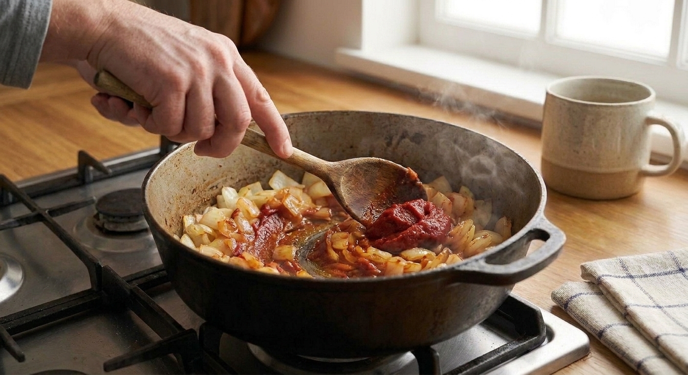 Onions and tomato paste cooking together in a pot with a wooden spoon stirring on the stove