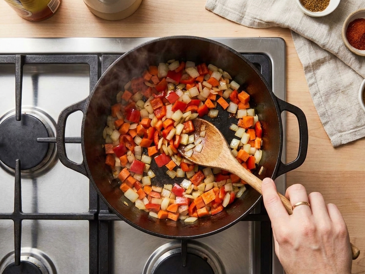 Onions, bell peppers, and carrots sautéing in a Dutch oven on a stovetop with a wooden spoon stirring