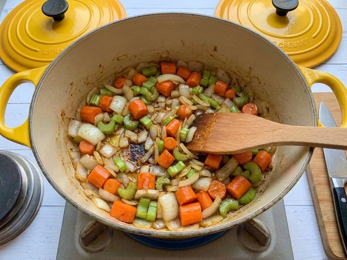 Onions, carrots, and celery cooking in a Dutch oven on the stove with a wooden spoon stirring