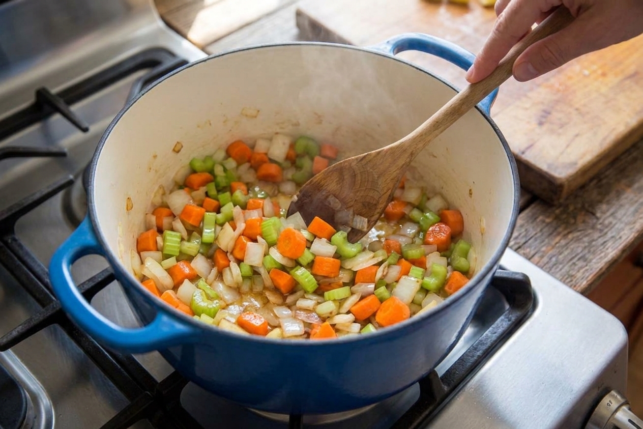 Onions, carrots, and celery sautéing in a Dutch oven on a stovetop with a wooden spoon stirring