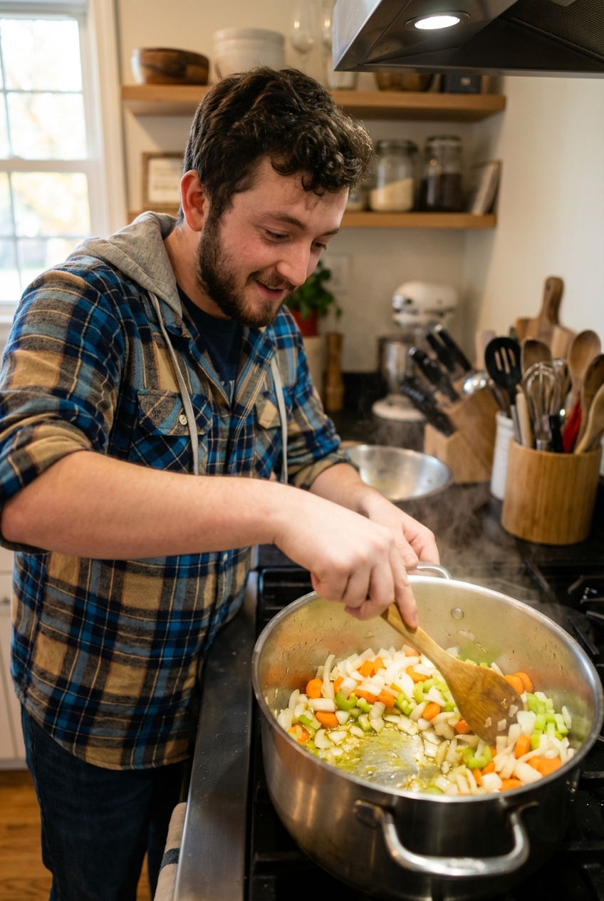 Onions, carrots, and celery sautéing in a large pot with a wooden spoon