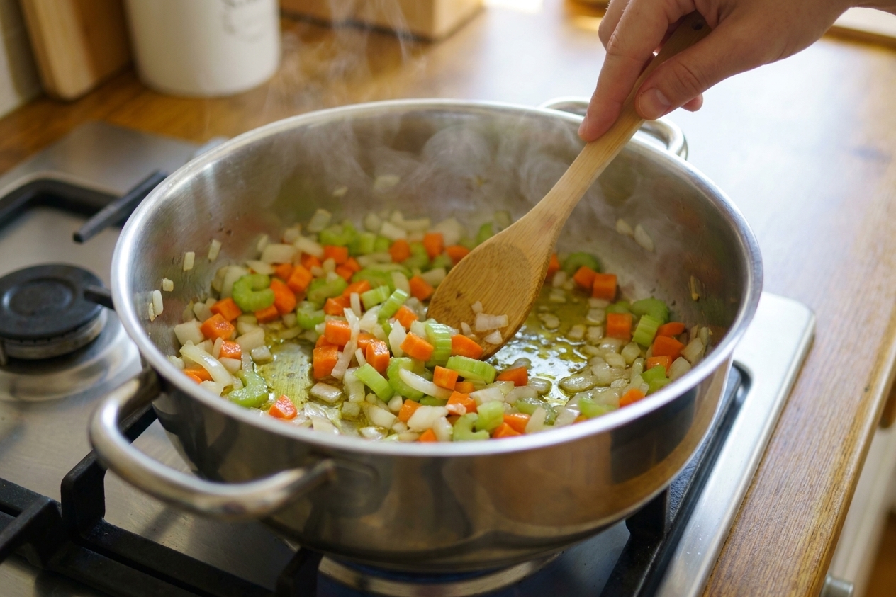 Onions, carrots, and celery sautéing in a large soup pot on a stovetop with a wooden spoon stirring