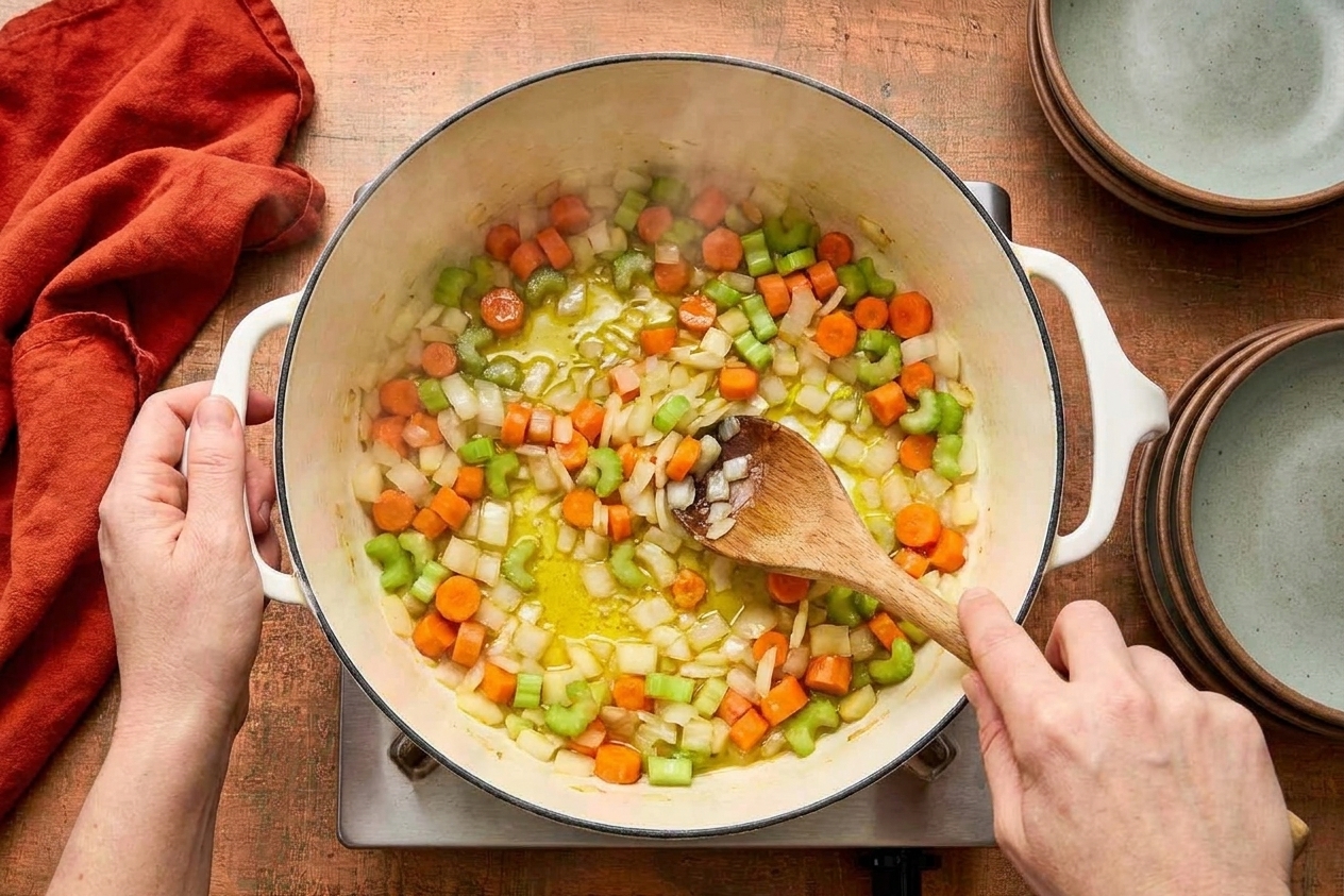 Onions, carrots, and celery sautéing in olive oil in a large Dutch oven on a stovetop, wooden spoon stirring