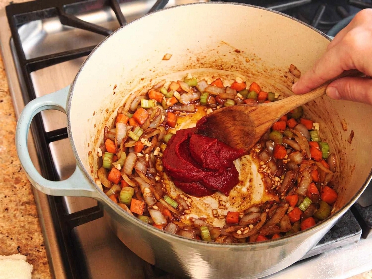 Onions, carrots, celery, and garlic sautéing in a Dutch oven with tomato paste being stirred in with a wooden spoon