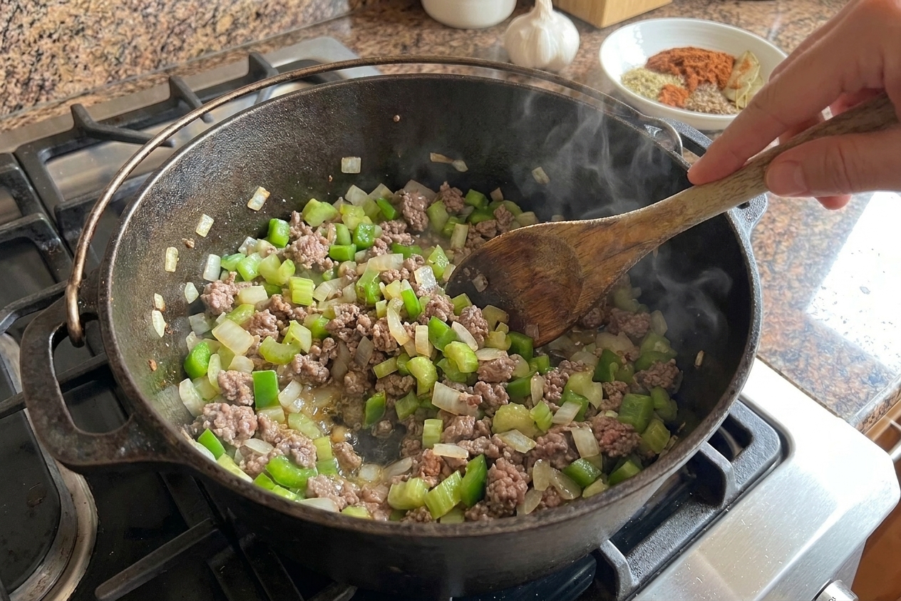 Onions, celery, and green pepper sautéing with browned beef in a large pot on a home stove