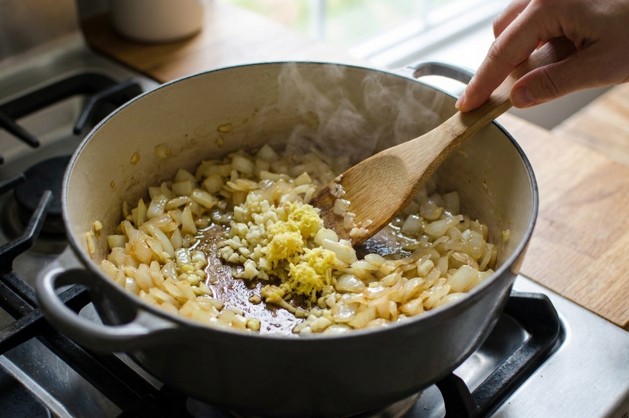 Onions, garlic, and grated ginger sautéing in a pot on a stovetop while being stirred with a wooden spoon