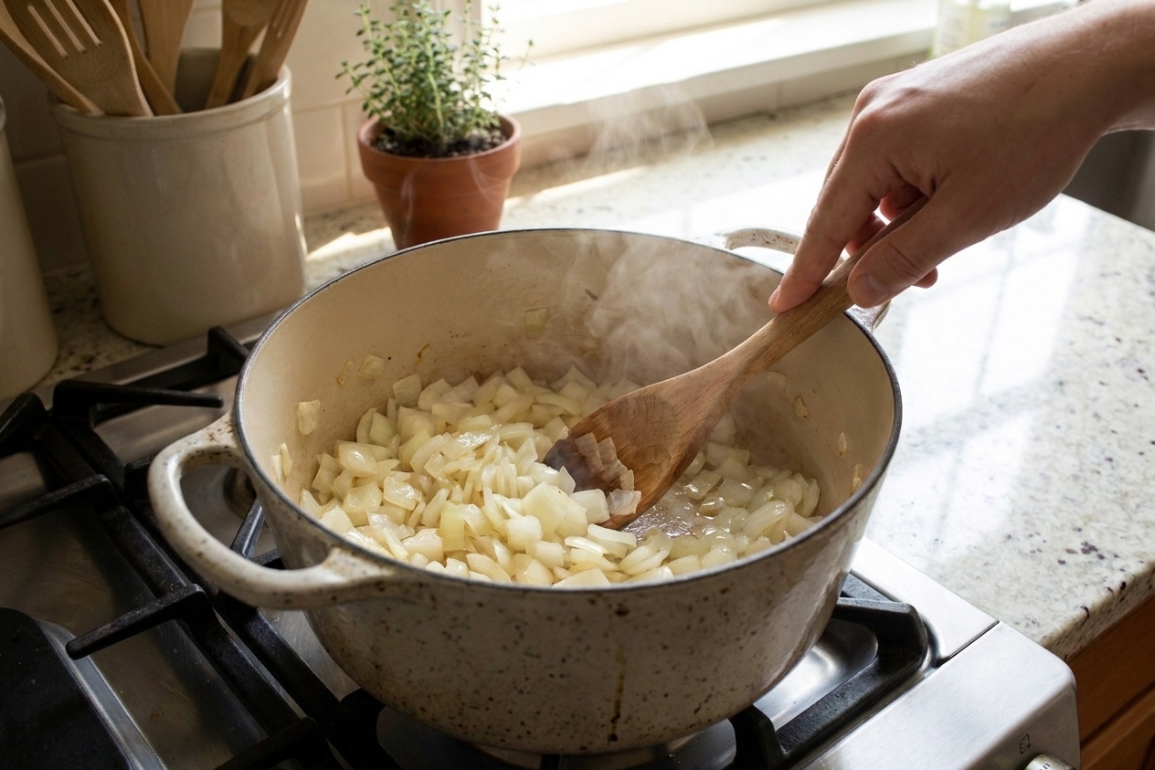 Onions sautéing in a heavy Dutch oven on a stovetop with a wooden spoon stirring