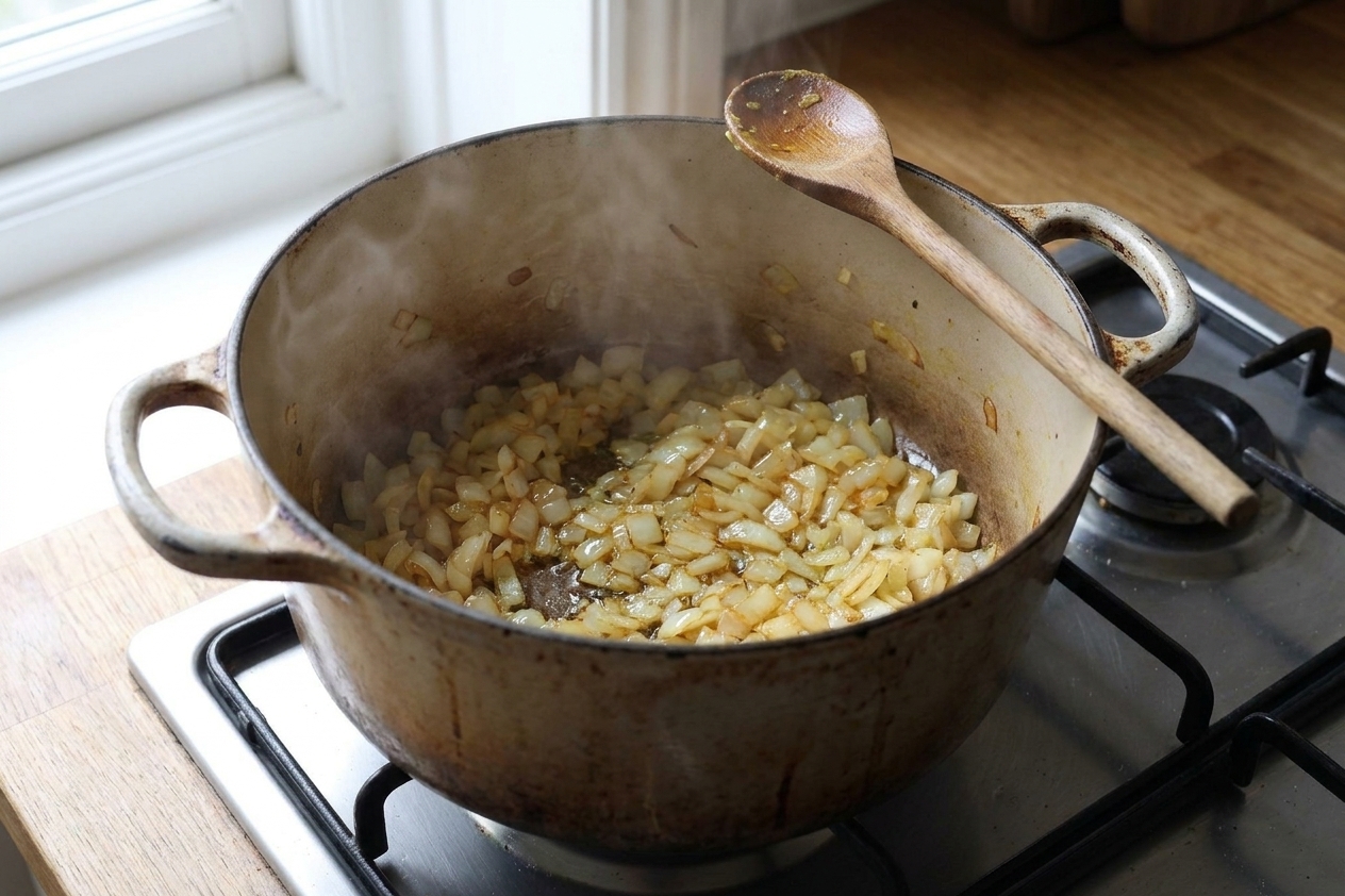 Onions sautéing in a large Dutch oven on a stovetop with a wooden spoon resting on the rim