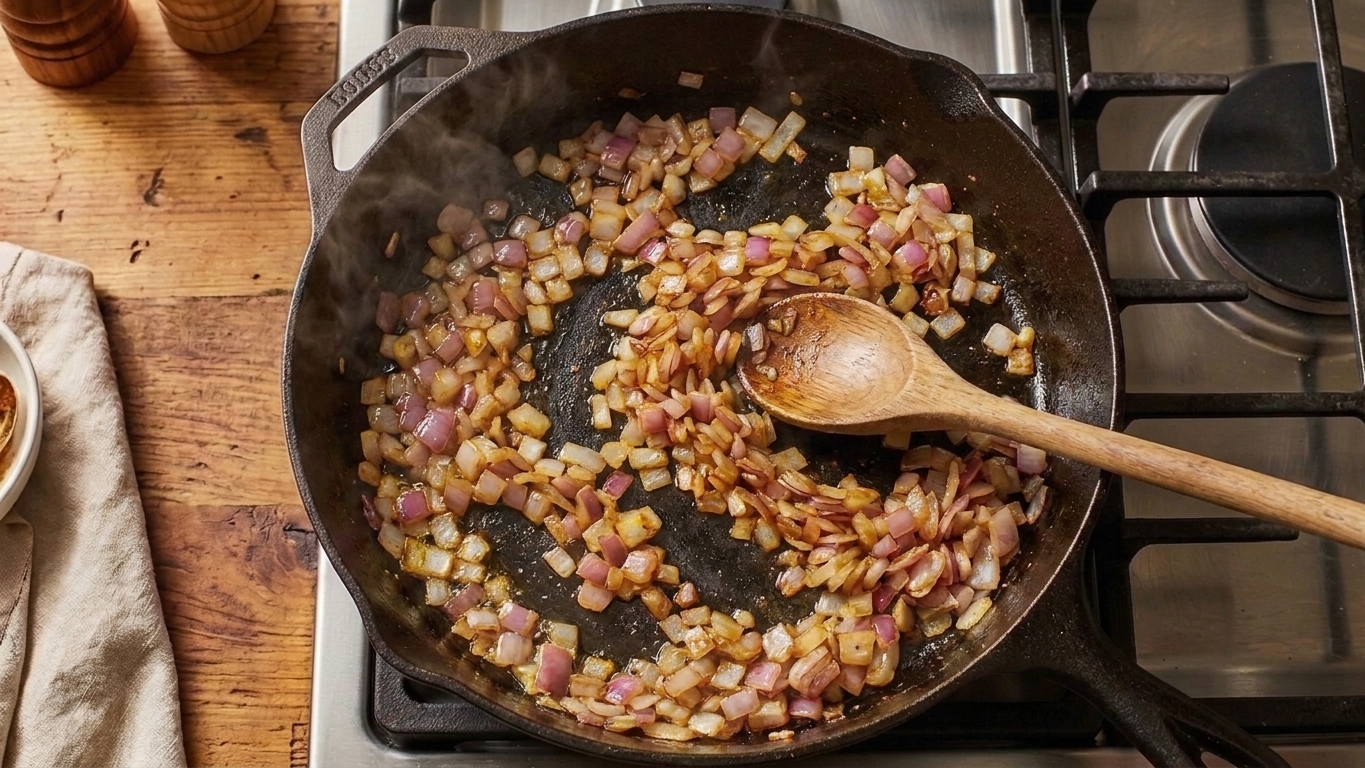Onions sautéing in a wide skillet with a wooden spoon stirring on a stovetop