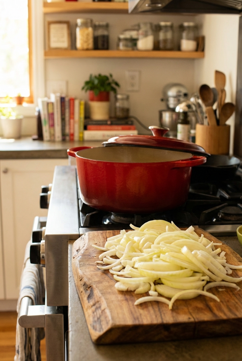 Onions sliced and piled on a cutting board next to a Dutch oven on the stove