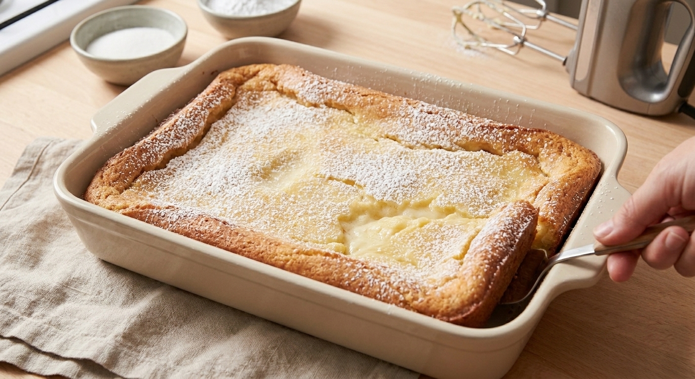Ooey gooey butter cake fresh from the oven in a 9x13 pan with lightly golden edges and a slightly jiggly center