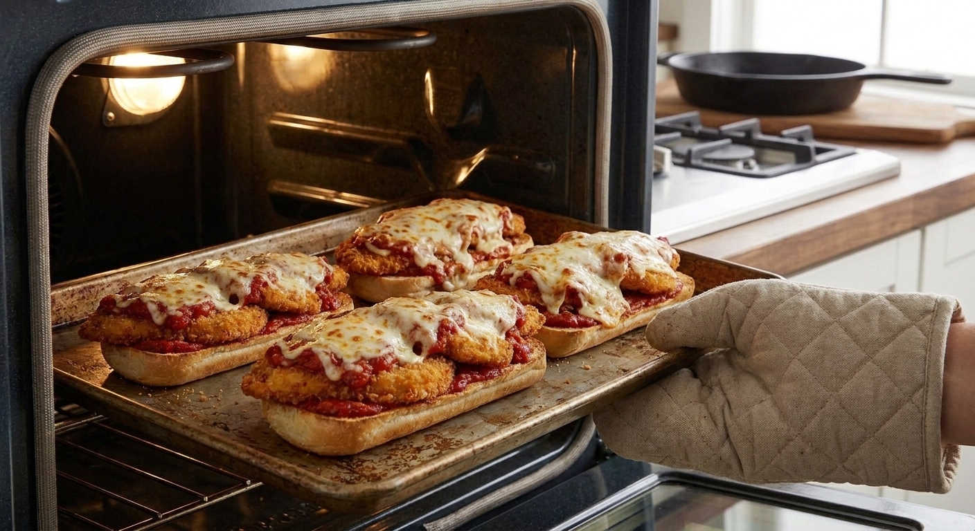 Open-faced chicken parmesan subs on a baking sheet with melted mozzarella under a home oven broiler