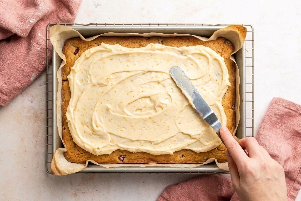 Orange-flecked cream cheese frosting being spread over a cooled blondie slab in a parchment-lined baking pan