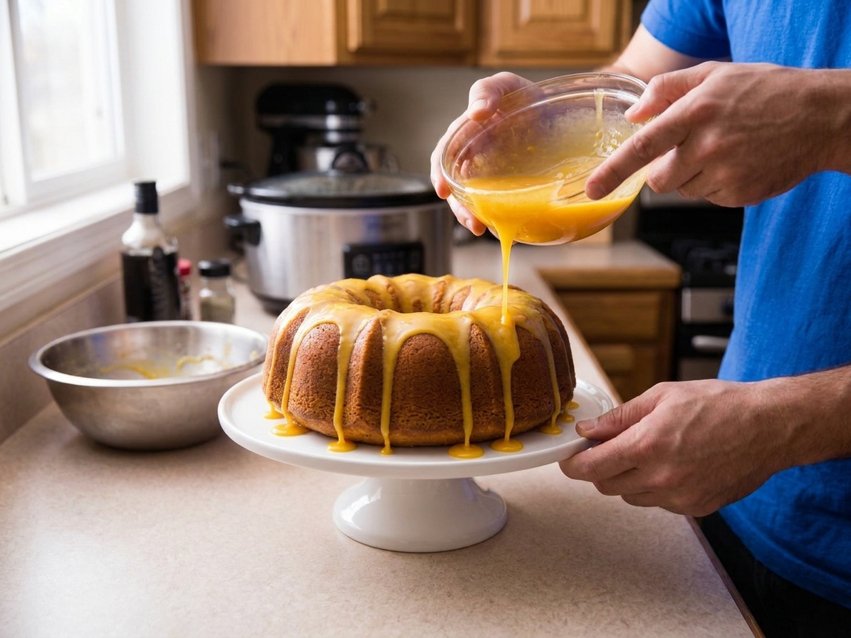 Orange glaze being poured over a cooled Bundt cake on a white cake stand, dripping down the sides