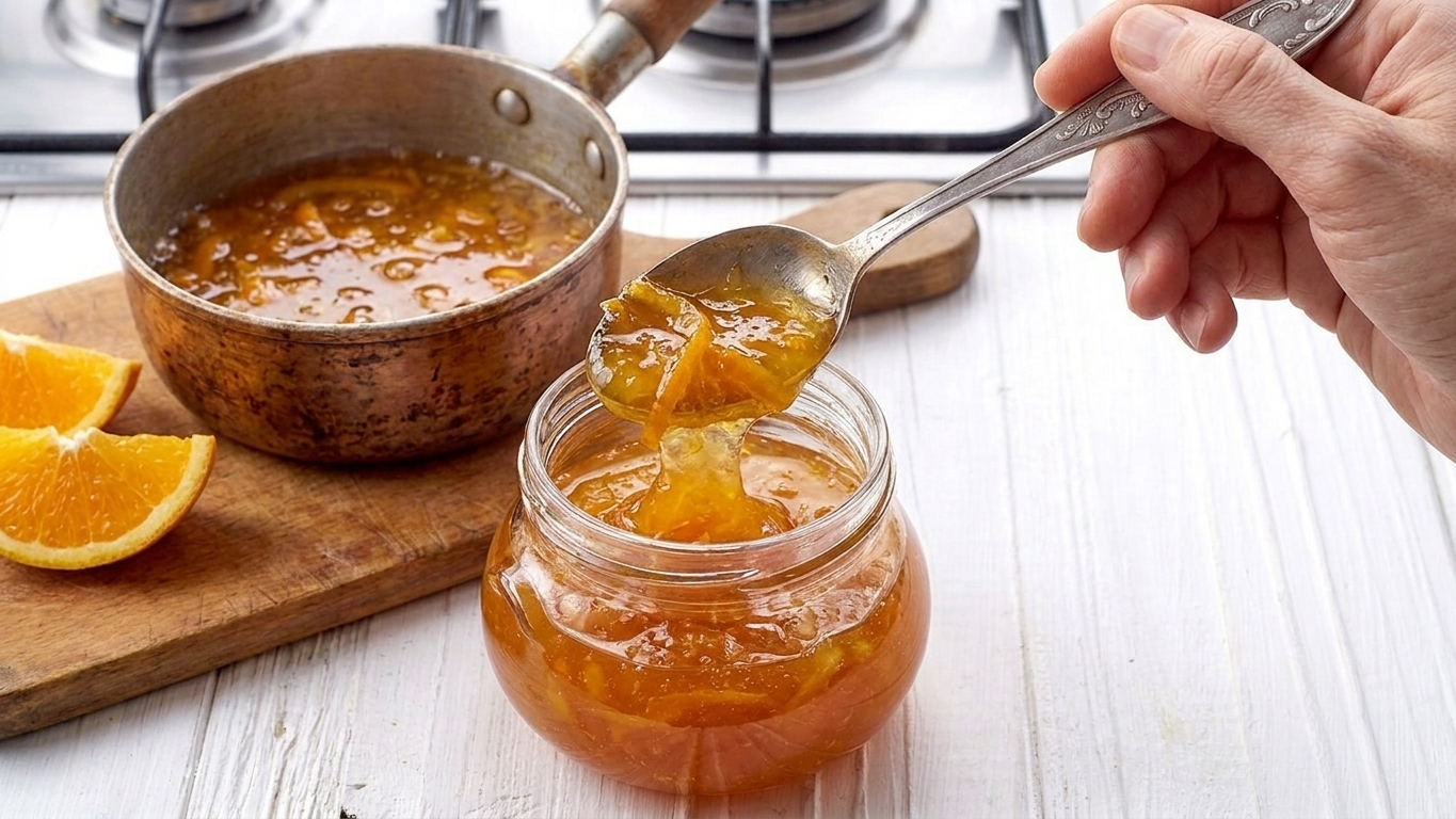 Orange marmalade being ladled into a clean glass jar on a kitchen counter
