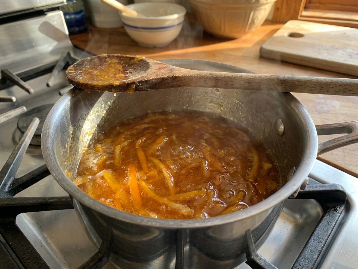 Orange marmalade bubbling gently in a saucepan on a stovetop with a wooden spoon resting on the rim in warm kitchen light