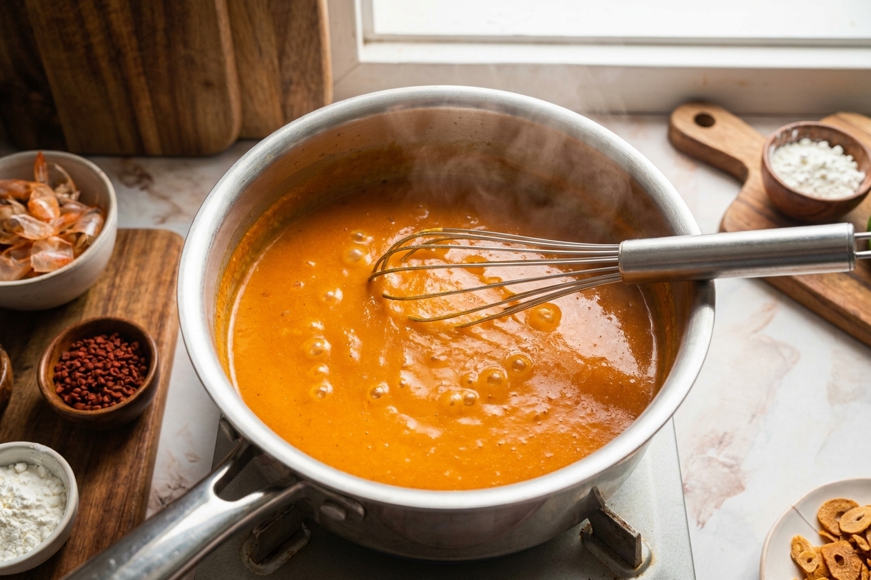 Orange palabok sauce gently simmering in a saucepan with a whisk resting on the rim