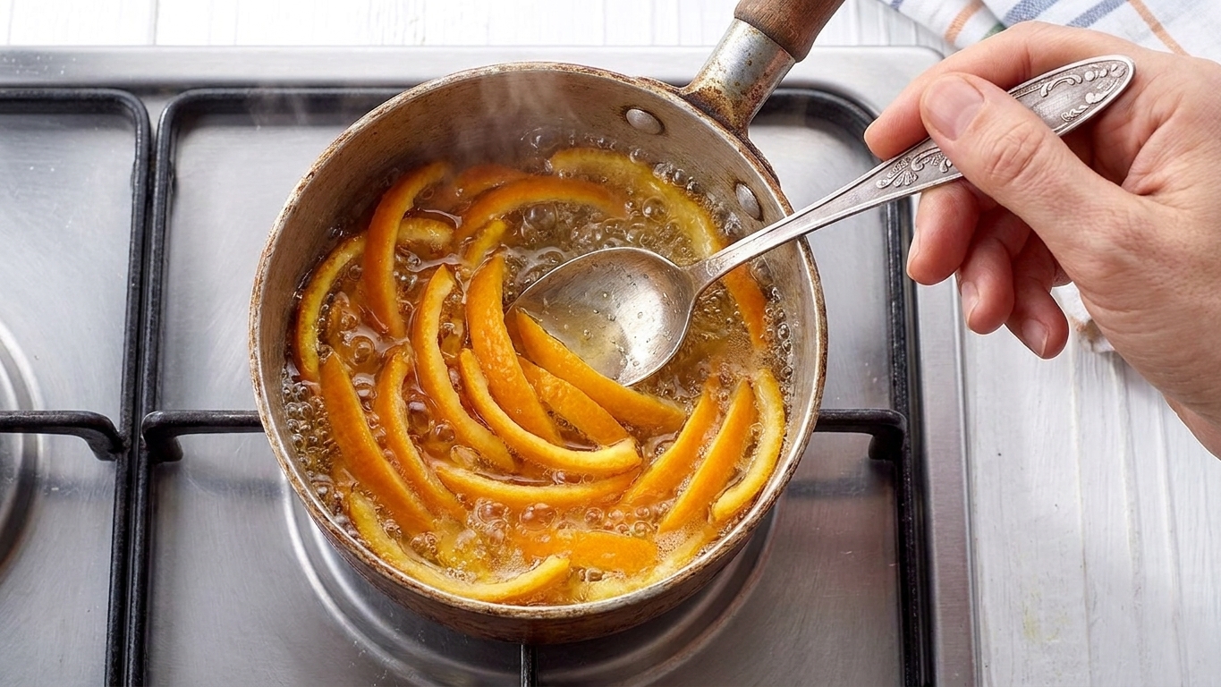 Orange peel ribbons simmering in a small saucepan on a stovetop