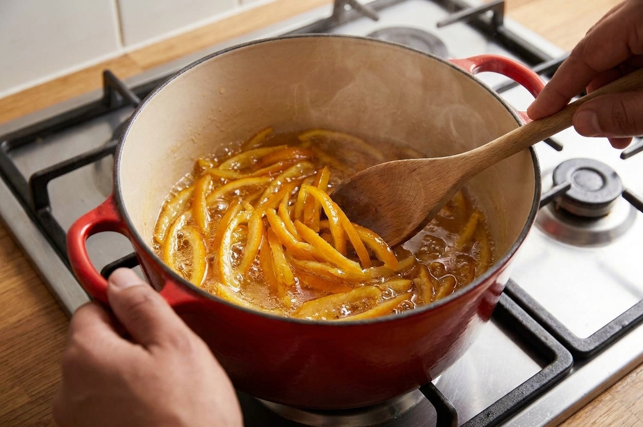 Orange peel strips gently simmering in glossy sugar syrup inside a saucepan on a stovetop