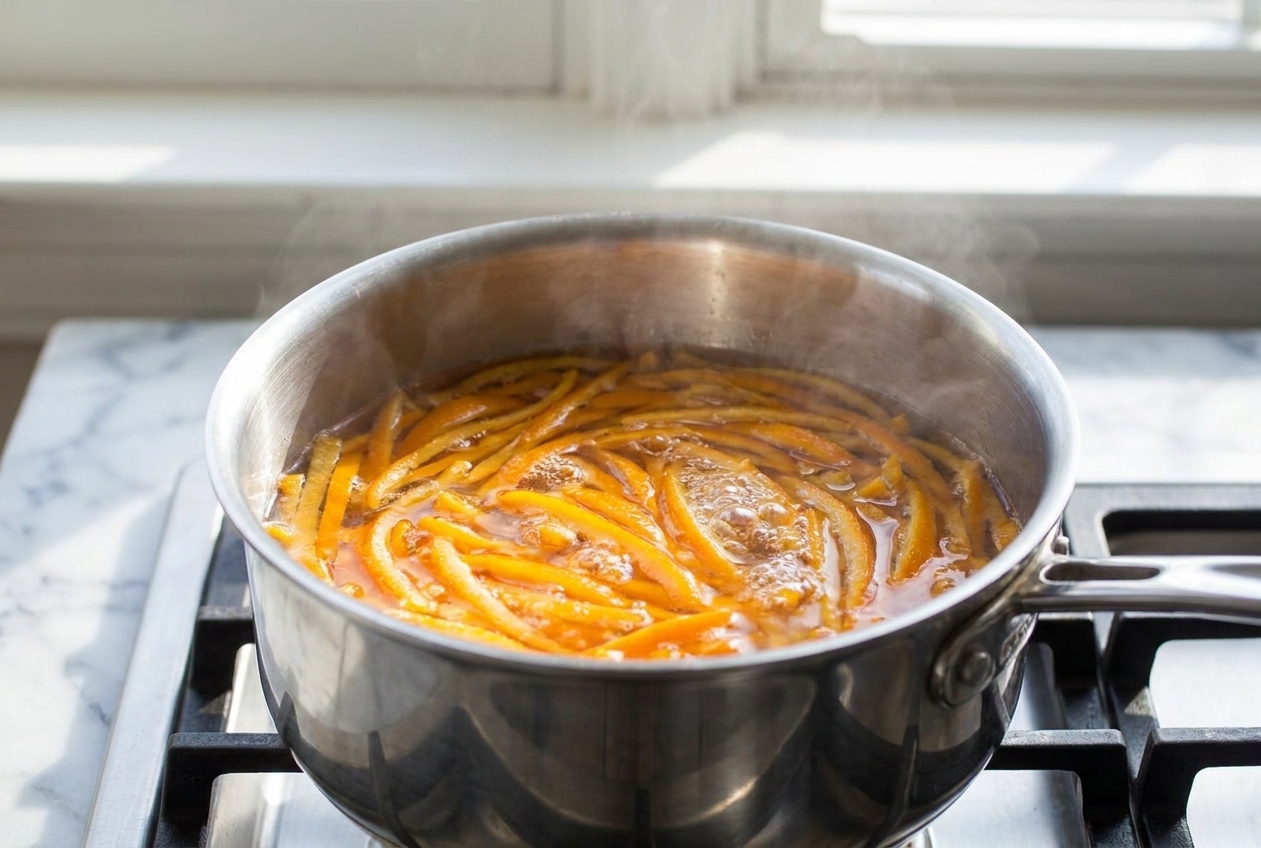 Orange peel strips simmering in a pot of water on a stovetop