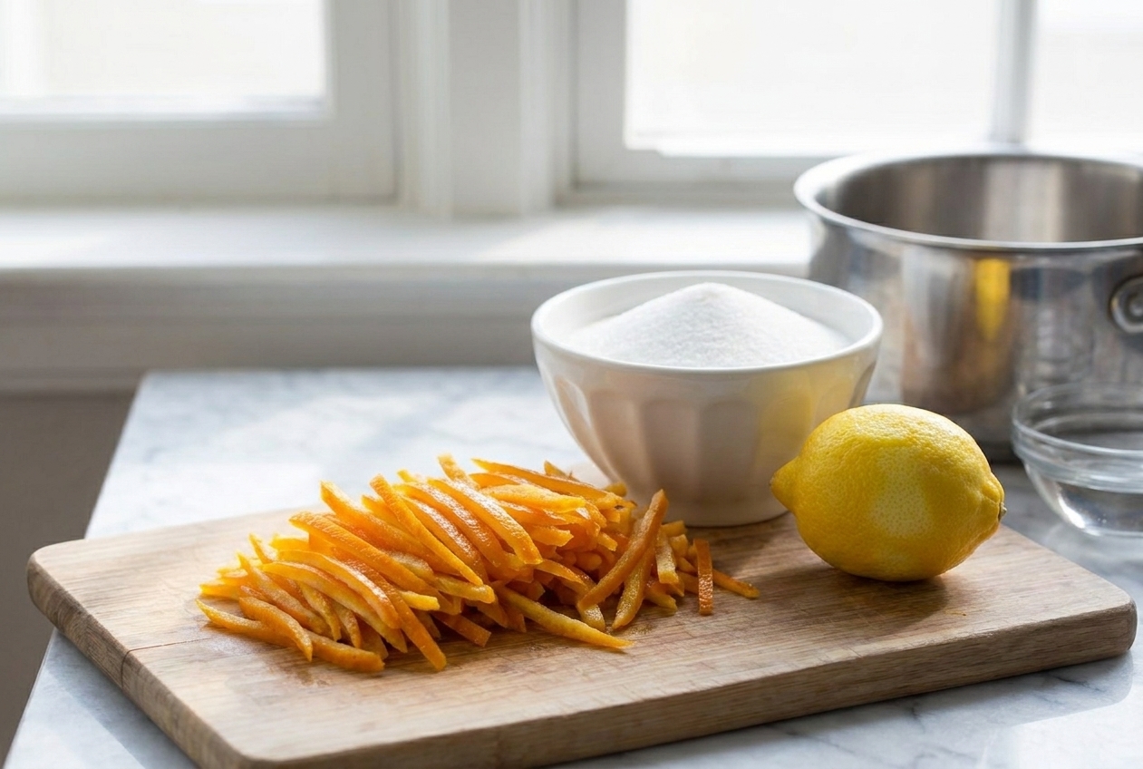 Orange peels cut into thin strips next to a bowl of granulated sugar and a whole lemon