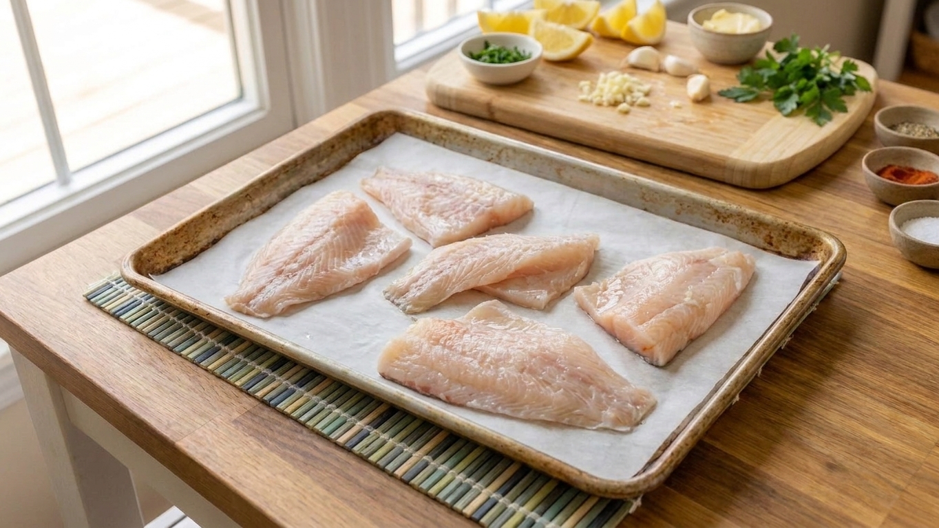 Orange roughy fillets arranged in a single layer on a parchment-lined rimmed baking sheet