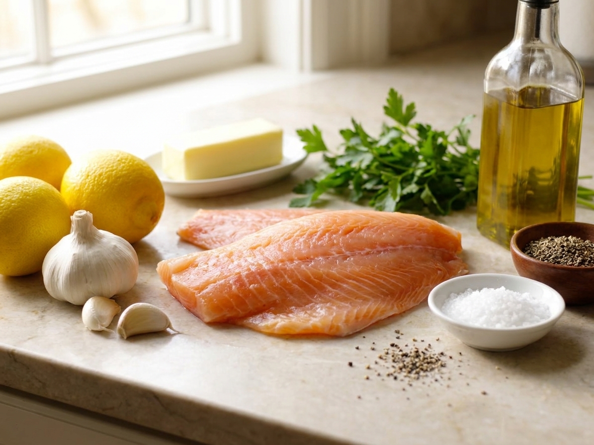 Orange roughy fillets, lemon, garlic, butter, parsley, salt, pepper, and olive oil arranged on a clean kitchen counter in bright natural light