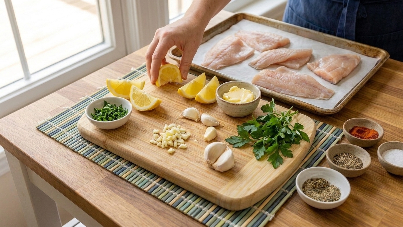 Orange roughy fillets, lemons, garlic, butter, parsley, and spices arranged on a bright kitchen counter