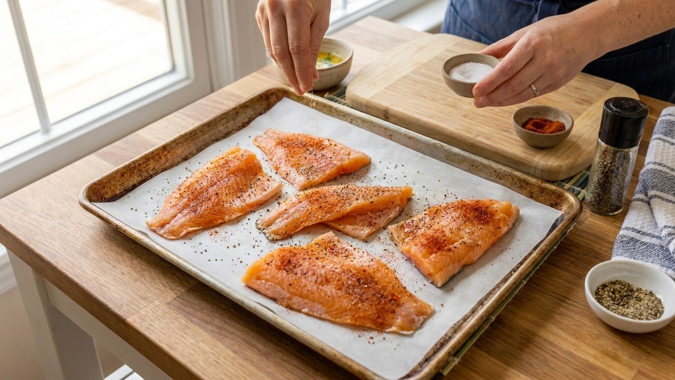 Orange roughy fillets on a parchment-lined baking sheet being seasoned with salt, pepper, and paprika