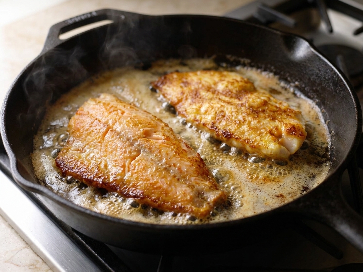 Orange roughy fillets searing in a hot skillet with bubbling butter and browned edges forming