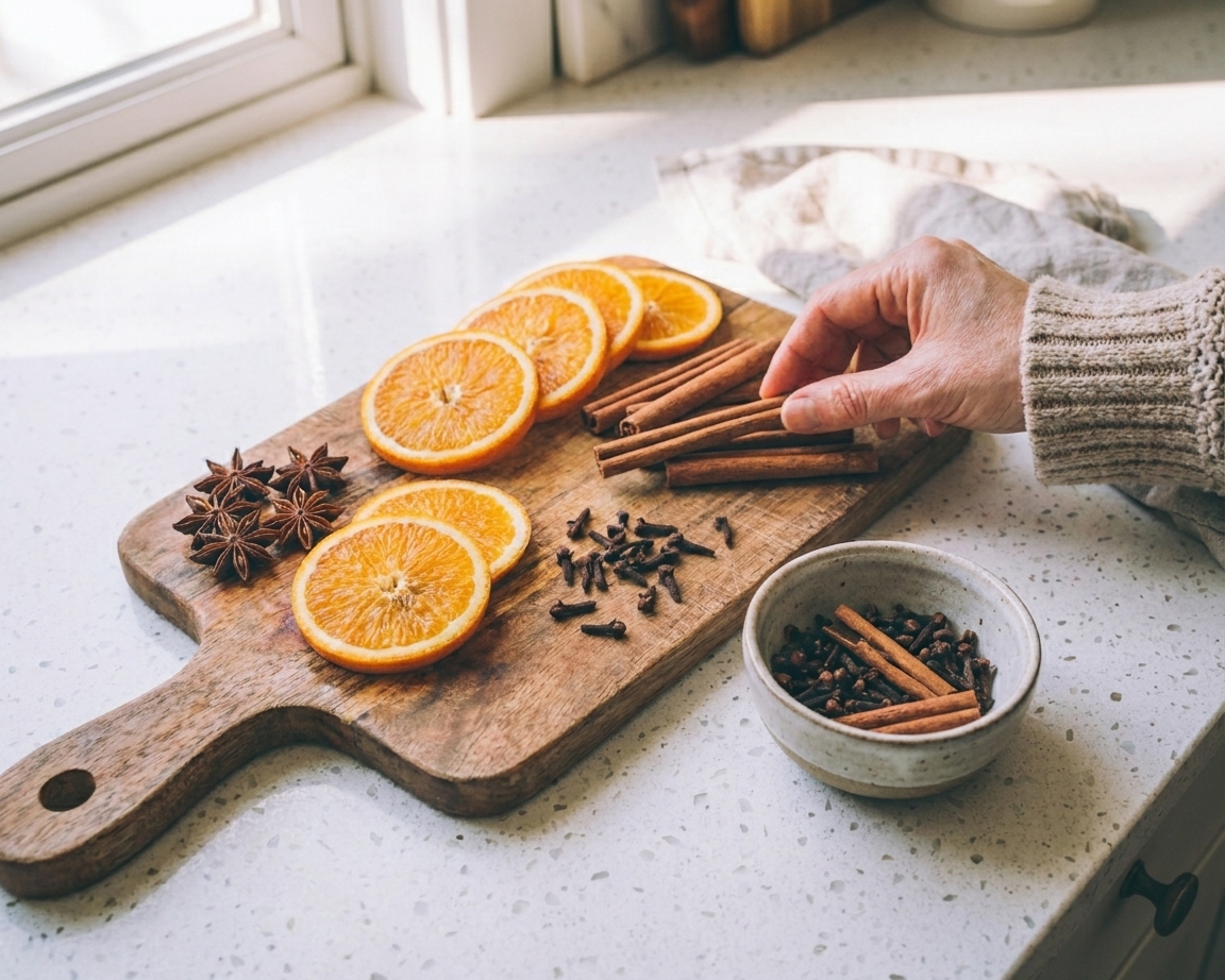 Orange rounds and whole spices on a cutting board next to a small bowl of cloves and cinnamon sticks on a bright kitchen counter