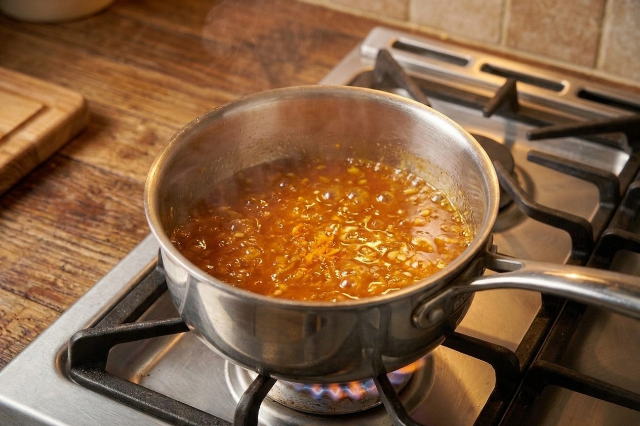 Orange sauce bubbling in a small saucepan with visible orange zest and minced garlic on a stovetop