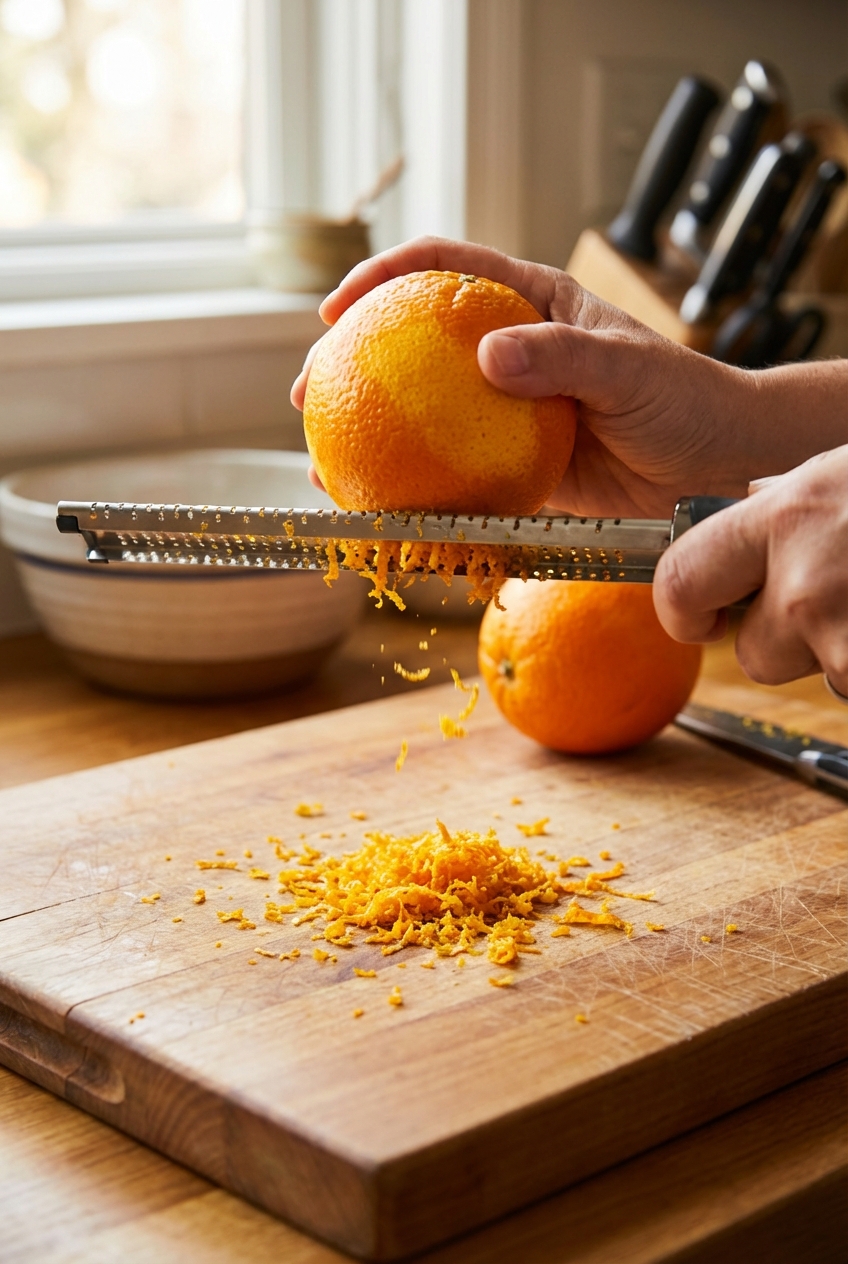 Orange zest being grated over a cutting board